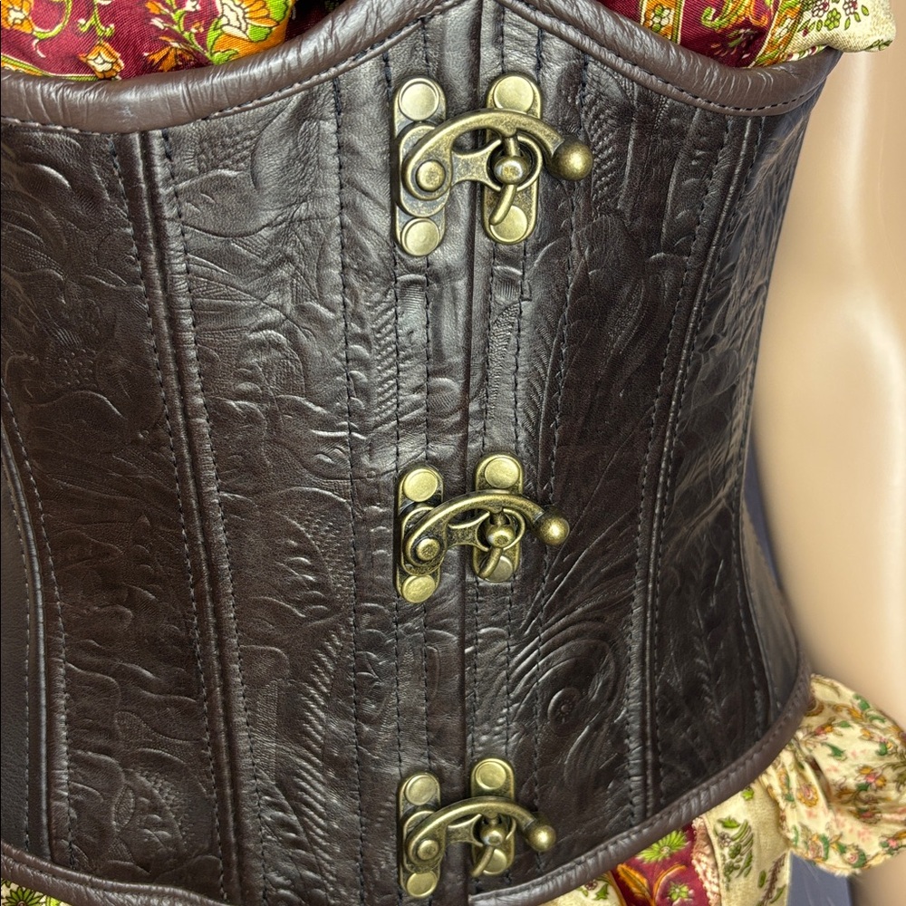 Brown Tooled Leather Underbust Corset w Brass Antique Like Clasps Pirate Style